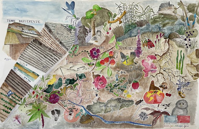 Stéphanie Sagot, Carte de Terre - Terre amoureuse, Zone sensible, 2024 / Enoki, aquarelle sur papier, 150 cm x 115 cm.