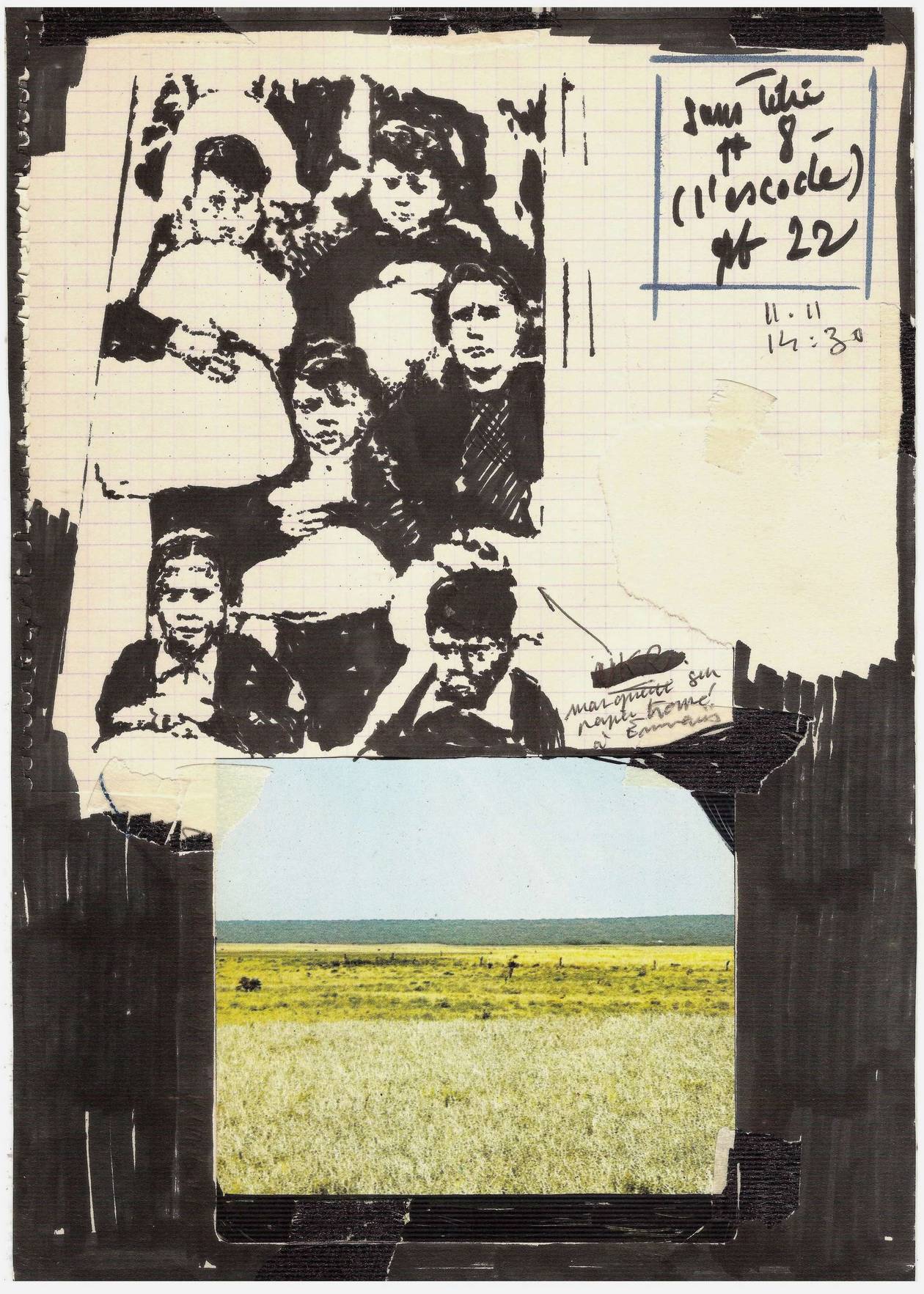 Gabriel Folli , "Sans titre #8" (L'exode), 2022, technique mixte sur papier peint, 29,8 x 21,1 cm.